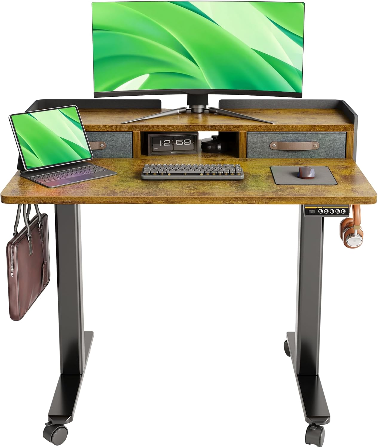 Claiks Standing Desk with Drawers, Adjustable Stand Up Electric Standing Desk Adjustable Height with Storage Shelf and Splice Board, 59 Inch, White