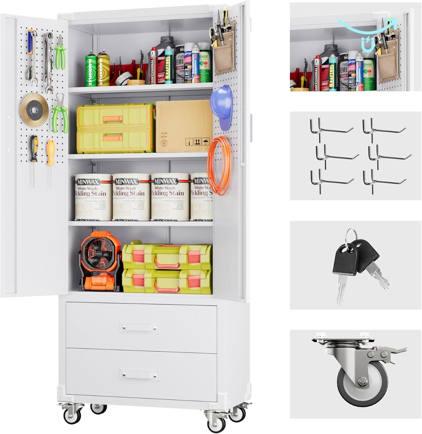 71" H Broom Storage Cabinet with Wheels and Doors,Rolling Tool Cabinet with Pegboard,Shelves and Rod for Garage Warehouse Home,Required Assembly,Black