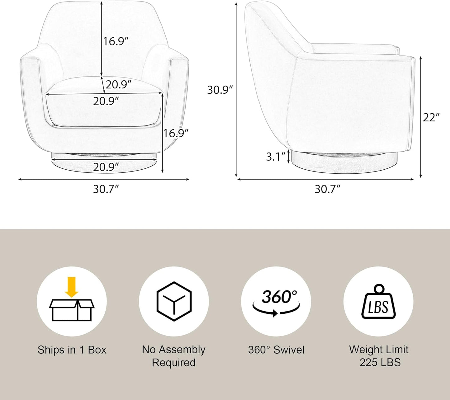 U-Shaped Swivel Chair, Swivel Accent Chair Living Room, Fully Assembled Reading Chairs for Adults, Velvet Accent Chair Armchair Round Barrel Chair, Cozy Bedroom Chair (Beige + Linen)
