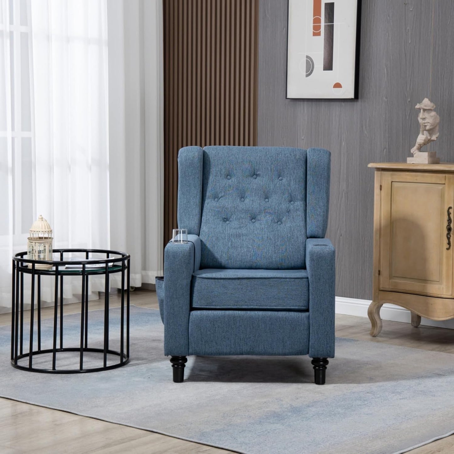Arm Pushing Recliner Modern Button Tufted Wingback Push Back Recliner Living Room Chair Fabric Pushback Manual Single Reclining Sofa Home Theater Seating for Bedroom (Navy Blue)