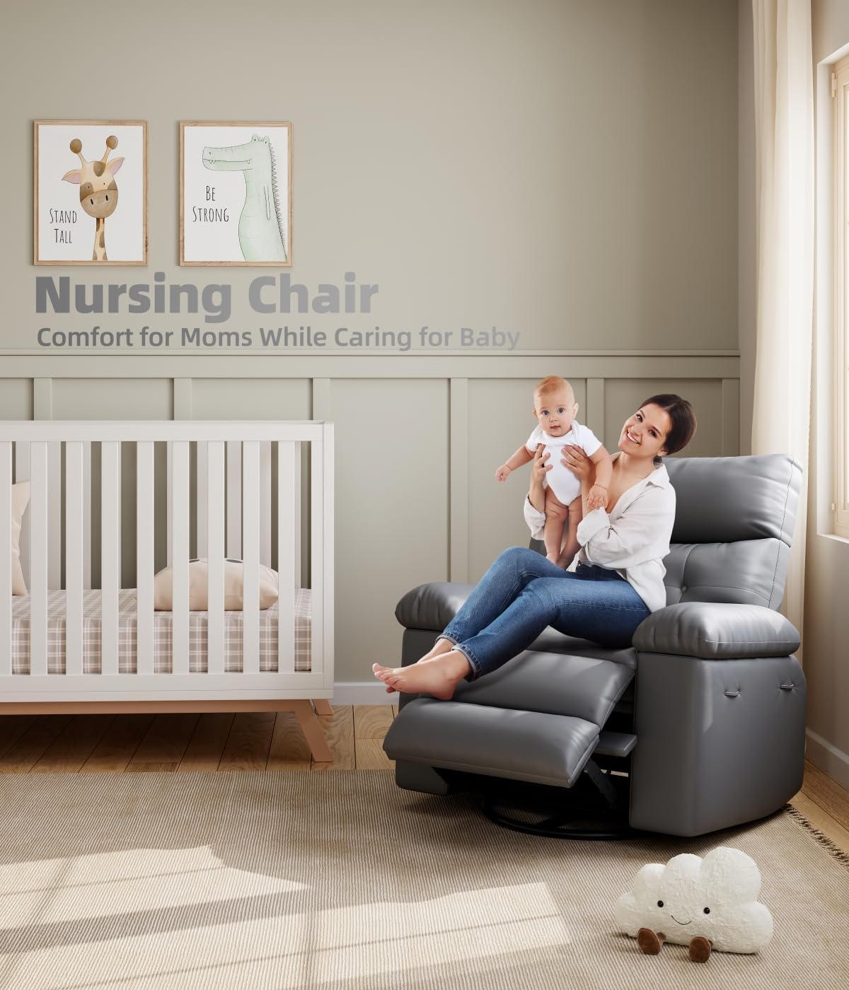 27" Oversized Recliner Chairs with Heat and Massage - 360° Swivel Lazy Recliner Chair for Adults- Manual Rocking Chair with Remote Control for Living Rooms, Bedrooms and Nurseries - Grey