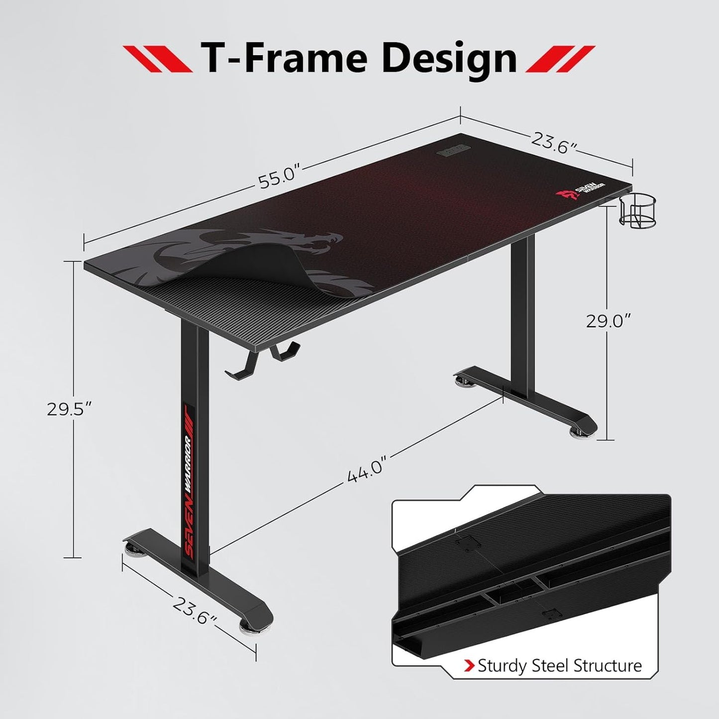 SEVEN WARRIOR Gaming Desk 55’’, T-Shaped Carbon Fiber Surface Computer Desk with Full Mouse Pad, Gamer Desk with Headphone Hook, USB Rack, Cup Holder