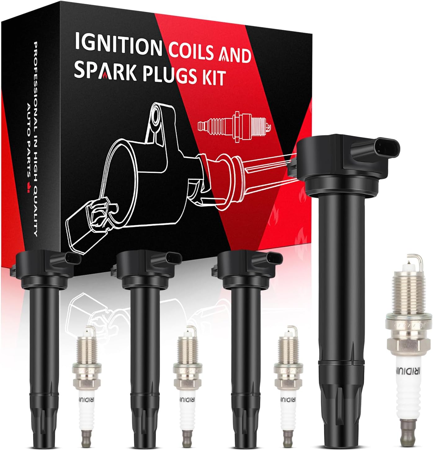 SCITOO ignition coils 4+Spark Plugs 4 4pcs Replacement for P-assat 1.8L 2001-2005,for J-etta 1.8L 2001 2002 2003 2004 2005,for A-udi A4 1.8L 2001-2007 Replace UF411 UF-437, UF-580, CO044