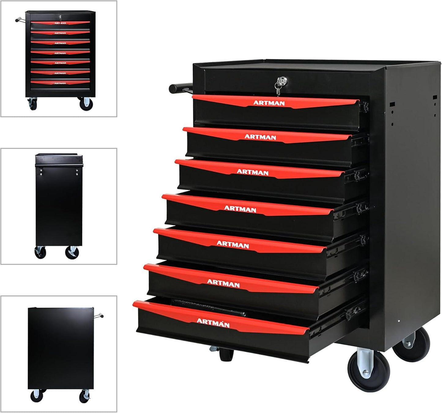 Rolling Tool Box with Wheels, Mechanics Tool Chest with 7 Drawers, Tool Box Organizer with 7 Tool Storage Boxes, Lockable Tool Storage Cabinet for Home Garage Workshop Warehouse Repair Shop, Black
