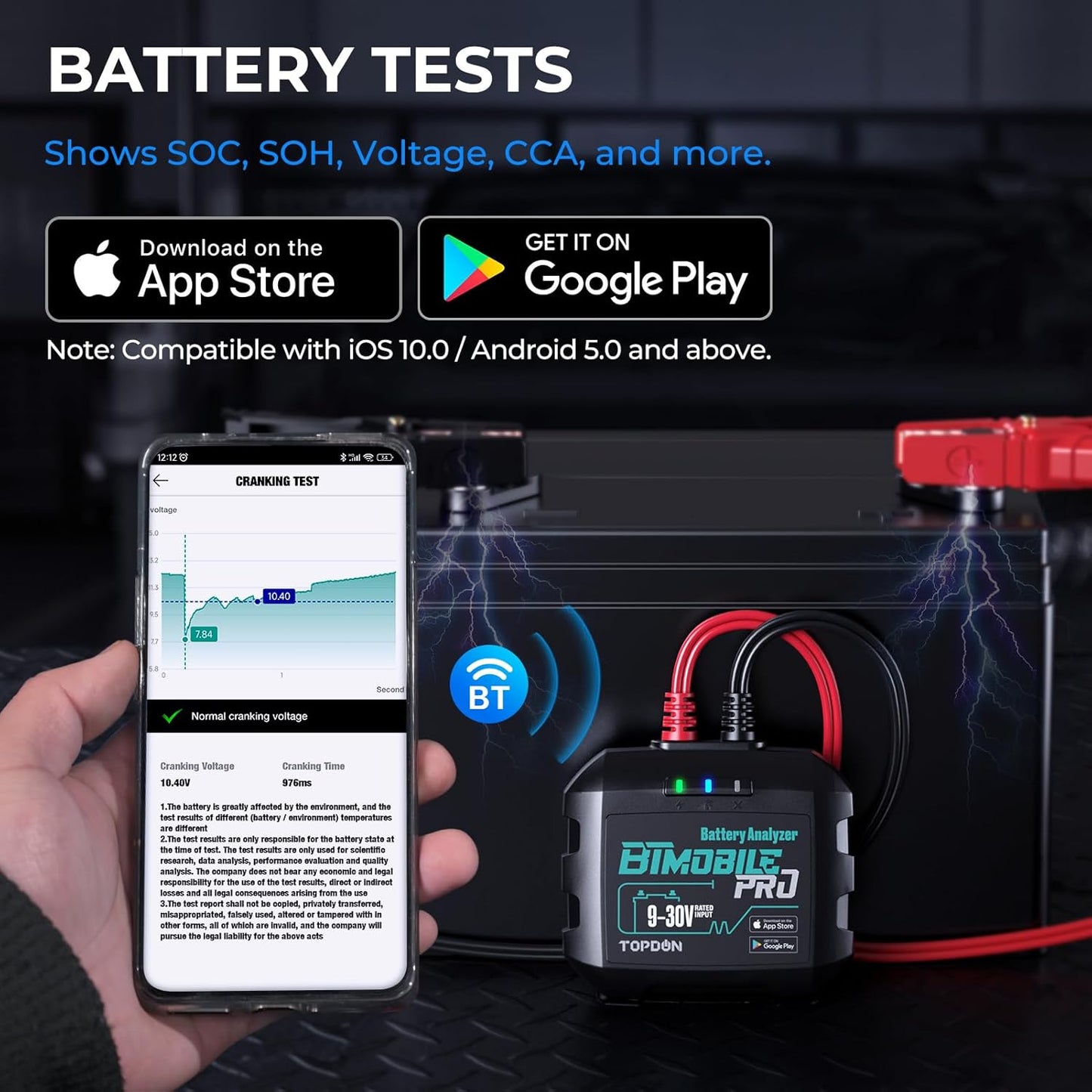 Car Battery Tester 12v, TOPDON Wireless Battery Load Tester 100-2000 CCA, BTMobile PRO Battery Monitor Cranking & Charging Tester Automotive Battery Analyzer, Bluetooth Alternator Load Tester