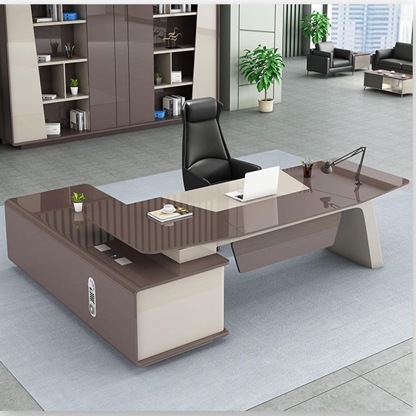 Brown 79" Executive Desk with File Cabinet, L Shaped Wood Computer Desk with File Drawers Study Writing Table Business Furniture Set for Home Office