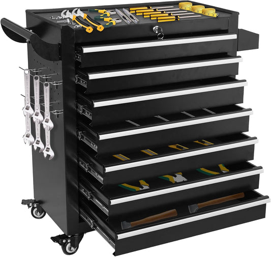 Rolling Tool Chest 7 Drawers, Metal Tool Box with Wheels Lockable Garage Storage Cabinets Sliding Tool Drawer Cart Toolbox Organization Workbench for Workshop Warehouse Repair Shop