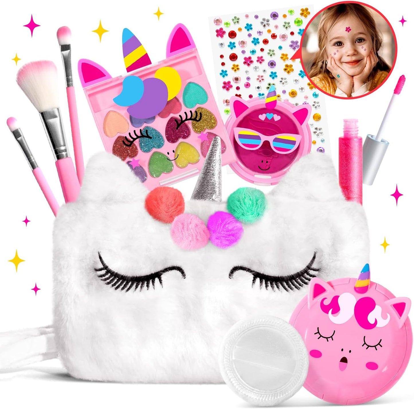 ULOVEME Kids Real Makeup Kit for Girls with Fluffy Purse - Real, Non Toxic, Washable Make Up Toy - Umicorn Toys Gift for 3 4 5 6 7 8 Years Old Girls Birthday (Pink Umicorn)
