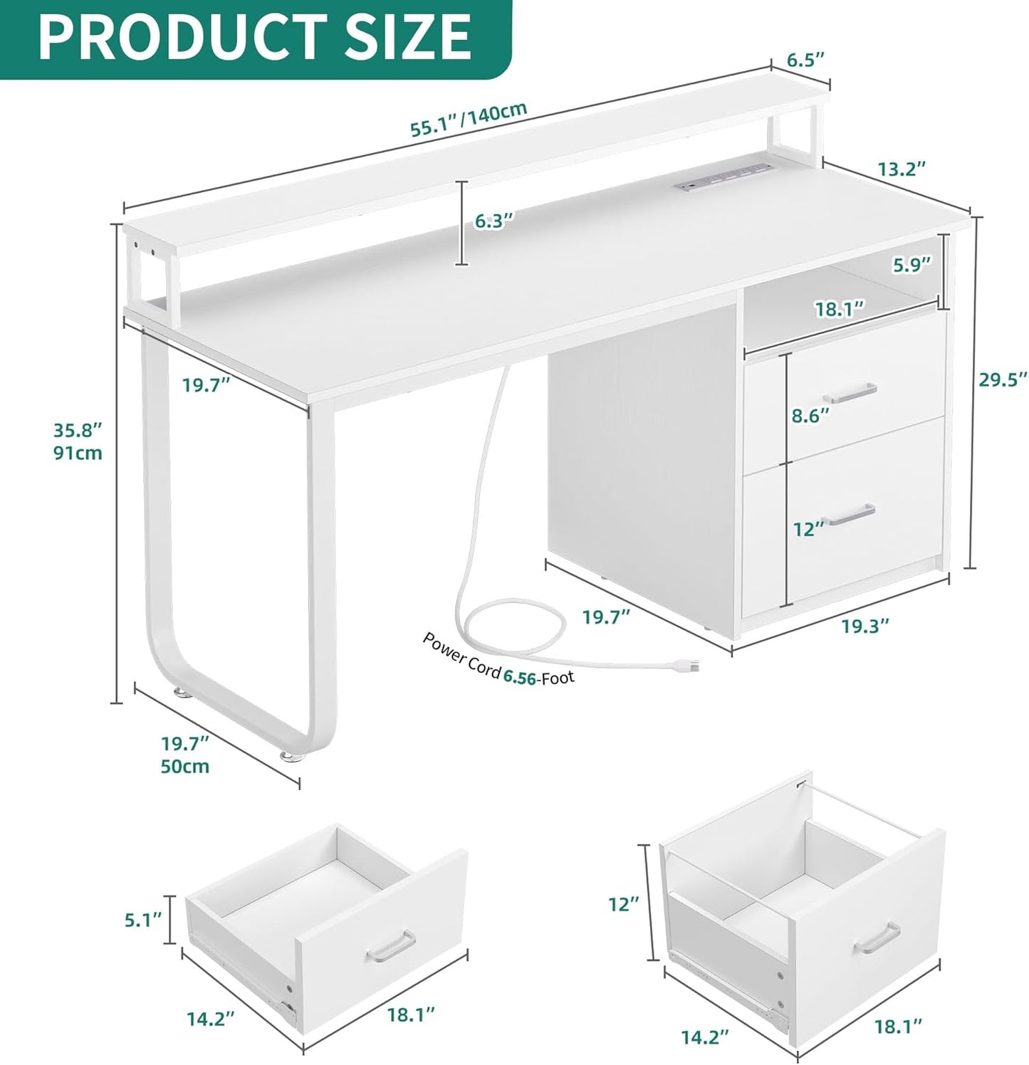 YITAHOME Computer Desk with Drawers, 55" Office Desk with Power Outlets & LED Light, Home Office Desk with Storage Shelves, White