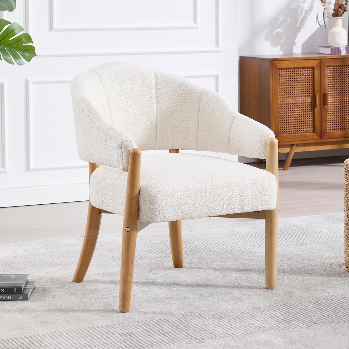 CIMOTA White Accent Chairs Set of 2 Farmhouse Fabric Barrel Chairs Linen Upholstered Armchairs with Wood Legs, 21.5" Wide Comfy Reading Chairs Side Sitting Chairs for Living Room/Bedroom/Makeup