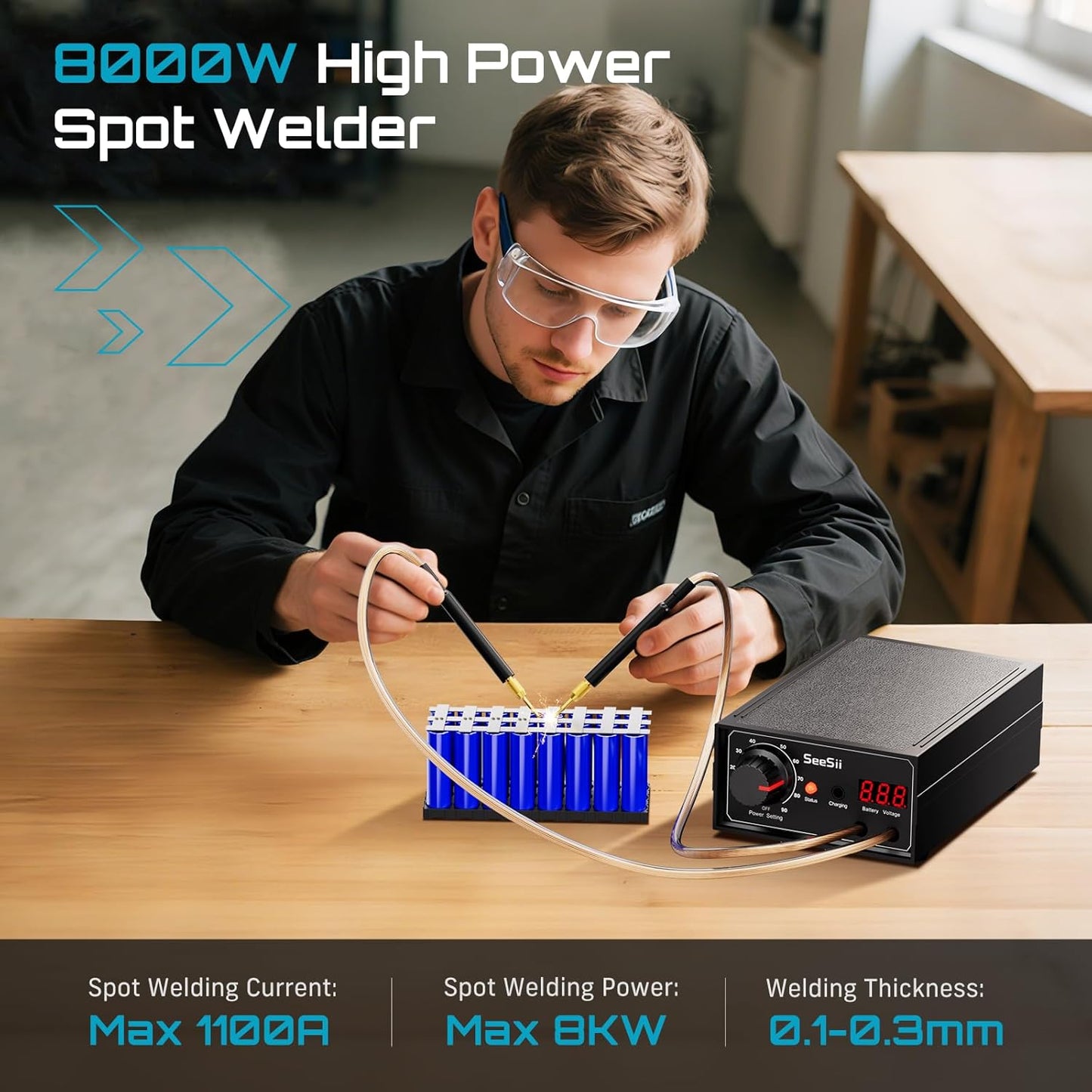 SEESII Battery Spot Welder: Battery Welder Kit for 0.1-0.3mm Nickel Strip Welding, Spot Welder for Lithium Battery, 10-90 Gears, Foot Pedal Control, Dual Pulse, Ideal for 18650 Battery DIY