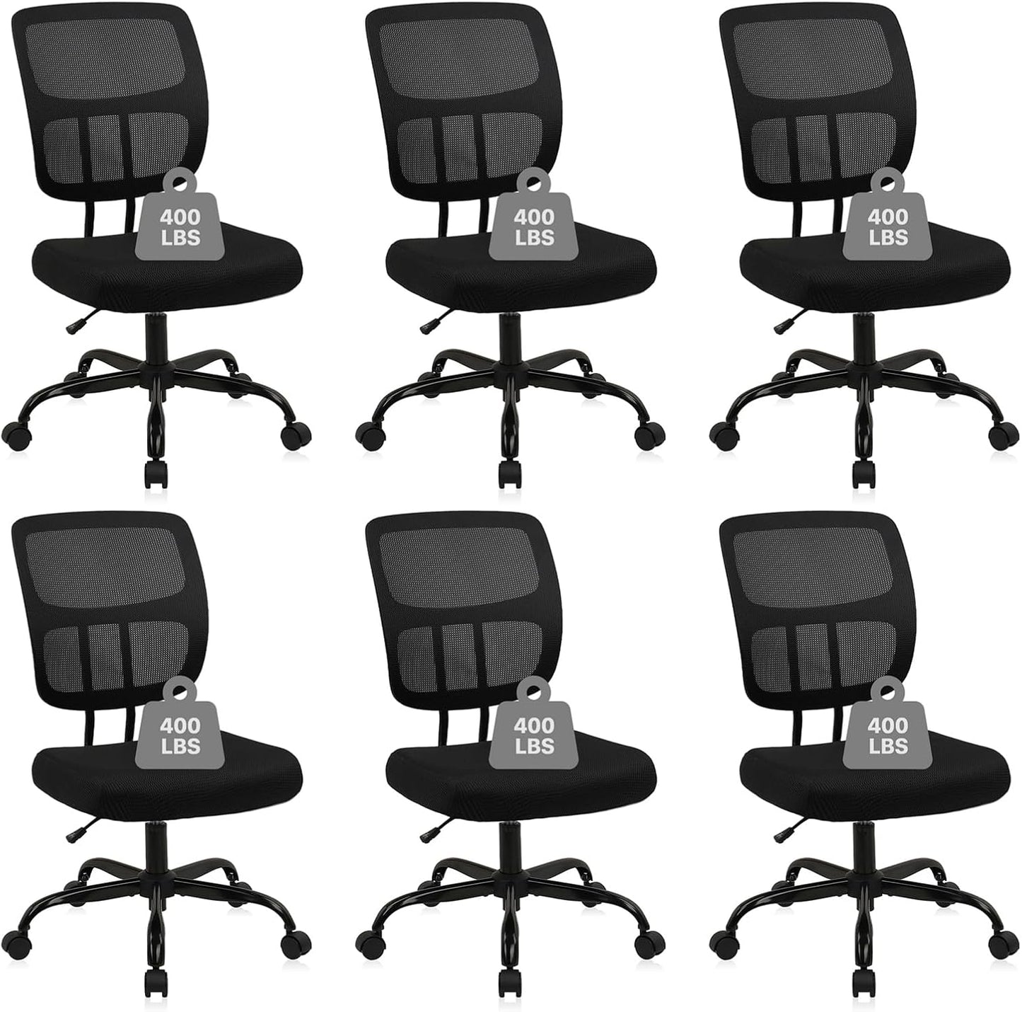 CLATINA Armless Home Office Chair,Small PU Leather Ergonomic Low Back Desk Chair with Lumbar Support and Wheels, Adjustable Height 360° Swivel Rolling Computer Task Chair, Black, 8 Pack
