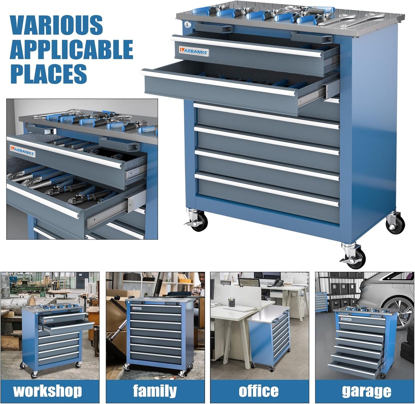 7-Drawer Rolling Tool Chest with 360°Wheels and Padded Feet,Tool Chest with Stainless Steel Countertop,Tool Cabinet with Secure Locking System,for Home, Garage and Office