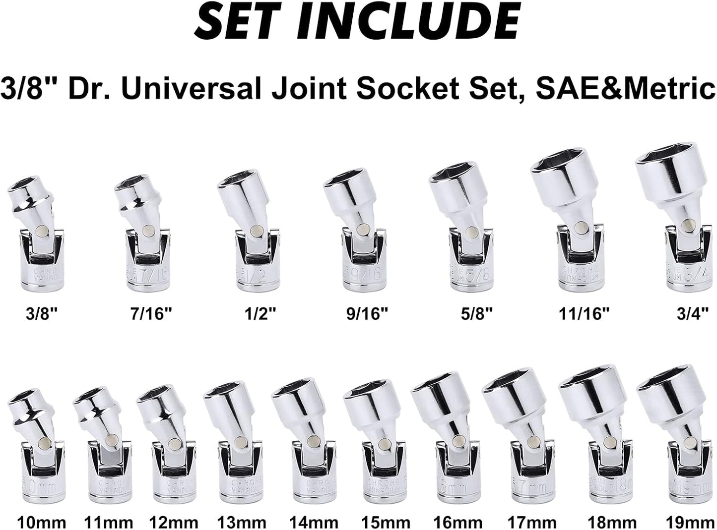 CASOMAN 17PCS 3/8" Drive Universal Flex Socket Set, SAE&Metric, 3/8" to 3/4", 10mm to 19mm, 6-Point, CR-V, Swivel Head, 360 Degree Access