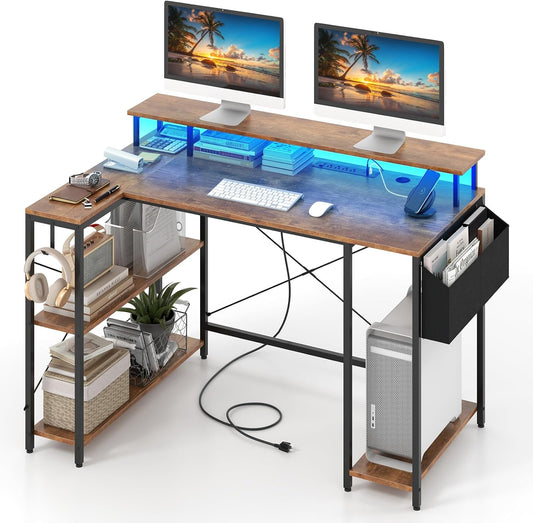 Tangkula L-Shaped Gaming Desk with LED Lights & Power Outlets, 48"/120 cm Computer Desk with Storage Shelves & Monitor Stand, Corner Gaming Desk with Metal Frame, Home Office Desk (Rustic Brown)