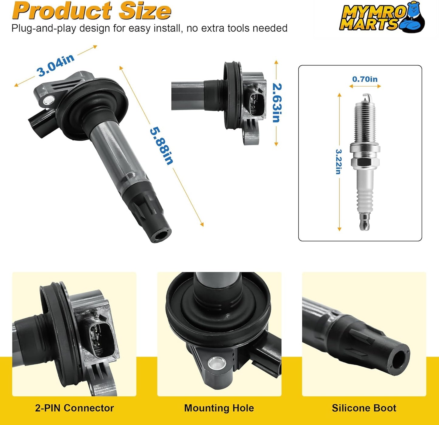 UF553 Ignition Coils Pack and Spark Plugs 5019 LTR5GP UF595 DG520 Compatible with Ford F-150 Explorer Taurus Edge Lincoln MKS MKT MKZ MKX Mercury Sable 3.5L 3.7L V6 2008-2016,Pack of 6