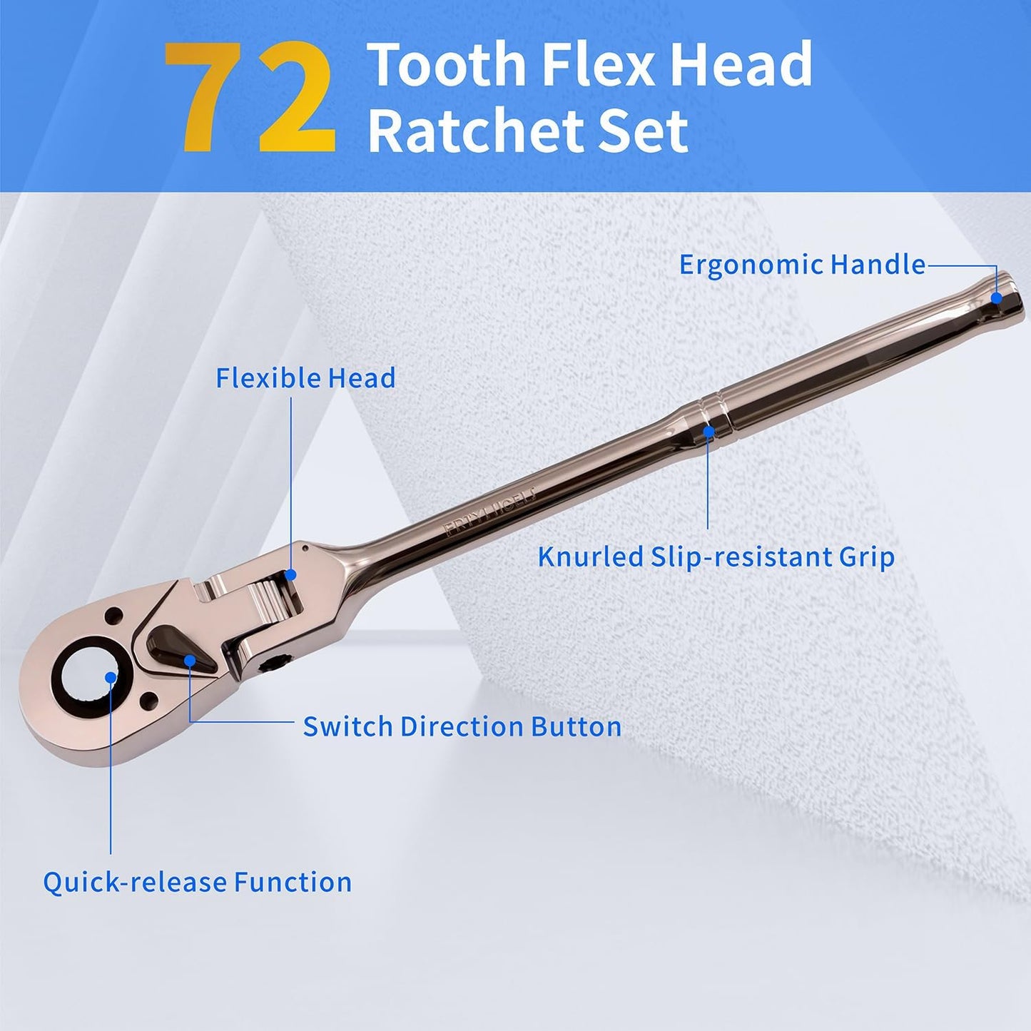 10 Piece Flex Head Ratchet Set, 1/4", 3/8" and 1/2" Drive Swivel Head Ratchet Wrench with Extension Bar and 4pc Adapter, 72-Tooth Flexible Wrench Handle with Quick-Release Reversible Design