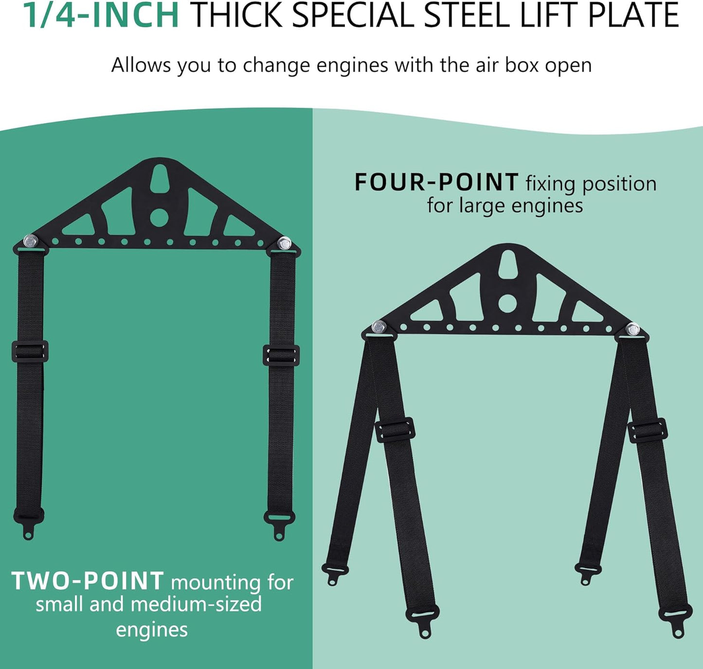 Universal 2 Point or 4 Point Engine Lift Sling Kit Featuring Black Powder Coated Steel Construction with Adjustable Nylon Straps and a 1200 lb Capacity for Easy Installation