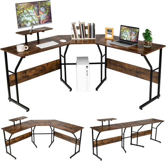 Tangkula L-Shaped Reversible Computer Desk, 2 Person Long Computer Workstation w/Movable Monitor Stand, Large Home Office Corner Desk for Working Writing Gaming (Rustic Brown)