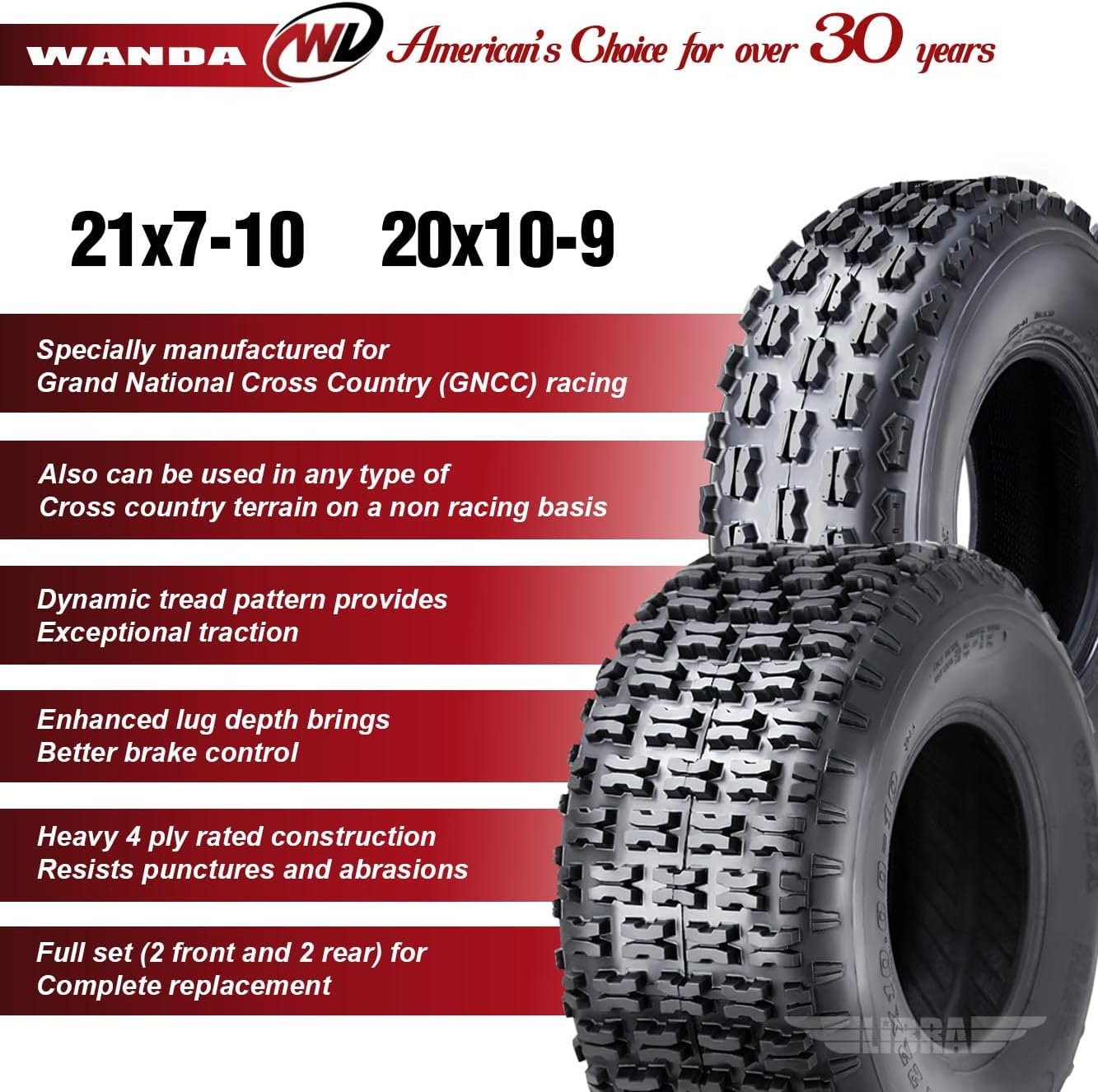 WANDA Set 4 Sport ATV Tires 21x7-10 & 20x10-9 Yamaha YFM350 YFZ450 Banshee 350