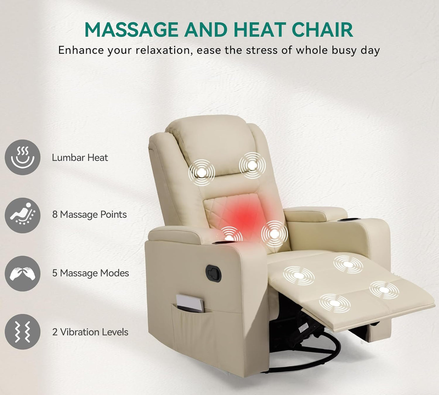 YITAHOME Swivel Rocking Recliner with Massage and Heat, Hidden Arm Storage, Faux Leather Rocker Recliner Chairs with Cup Holders, Comfy Home Theater Seating, Manual Recliner for Living Room, Beige2