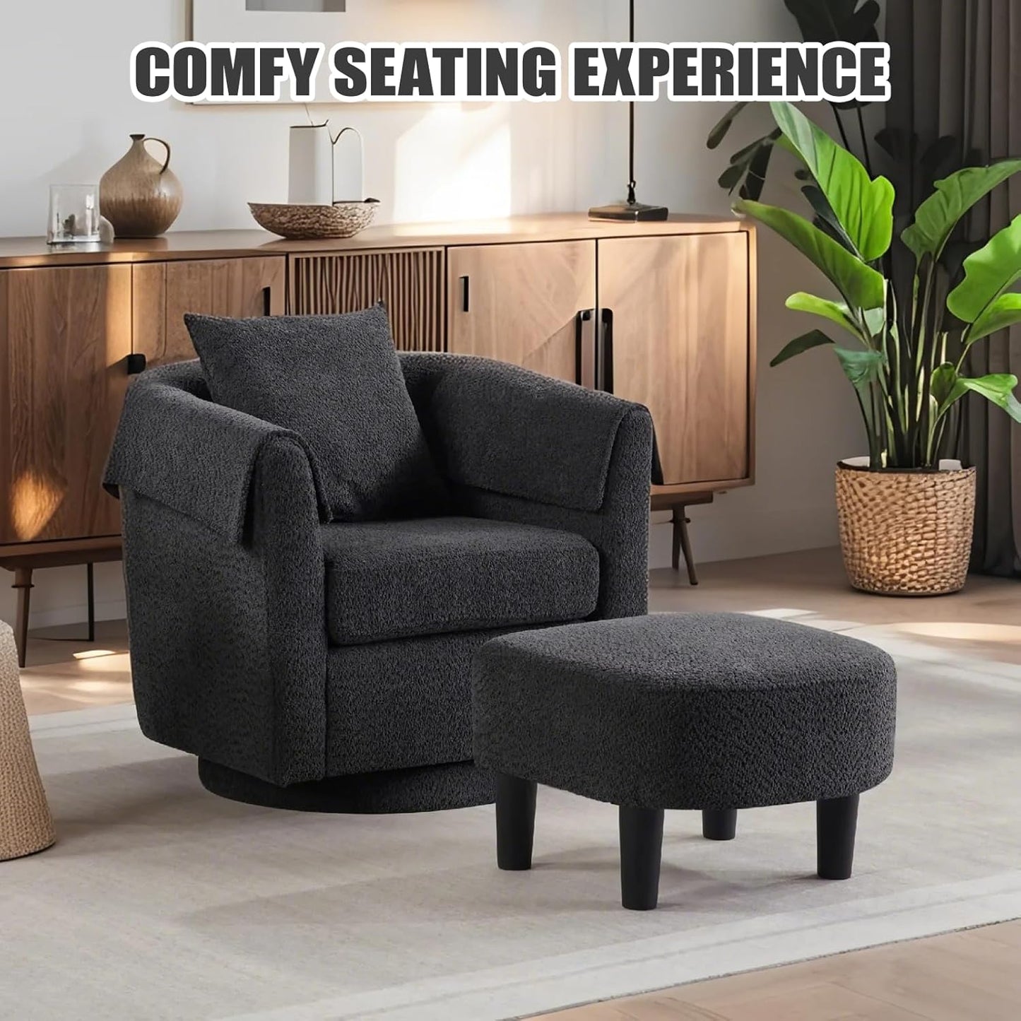 360 Swivel Accent Chair with Ottoman Set, Modern Chenille Barrel Armchair for Living Room, Comfy Reading Chair with Footrest & Removable Pillow & 2 Armrest Covers, Sofa Seat for House/Office(Black)