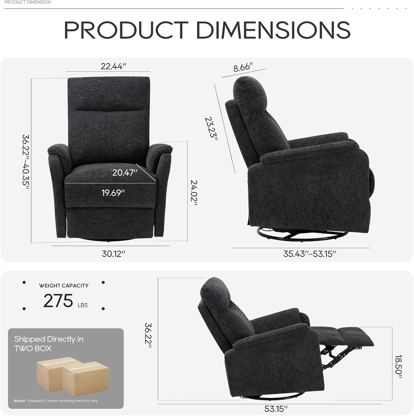 COLAMY Swivel Recliner Chair-Nursery Glider Rocking Chair, Swivel Rocker Recliner Chair, Fabric Reclining Single Sofa with Wide Footrest, Deep Seat, Thick Cushion for Living Room, Bedroom-Darkgrey