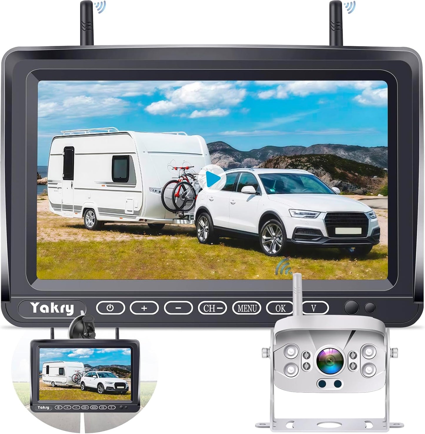 RV Backup Camera Wireless Plug and Play: Pre-Wired for Furrion System Recording Wide View Rear View Camera Clear Night Vision HD 1080P 7'' Touch Key Monitor for Trailer Camper Motorhome Yakry Y27-N