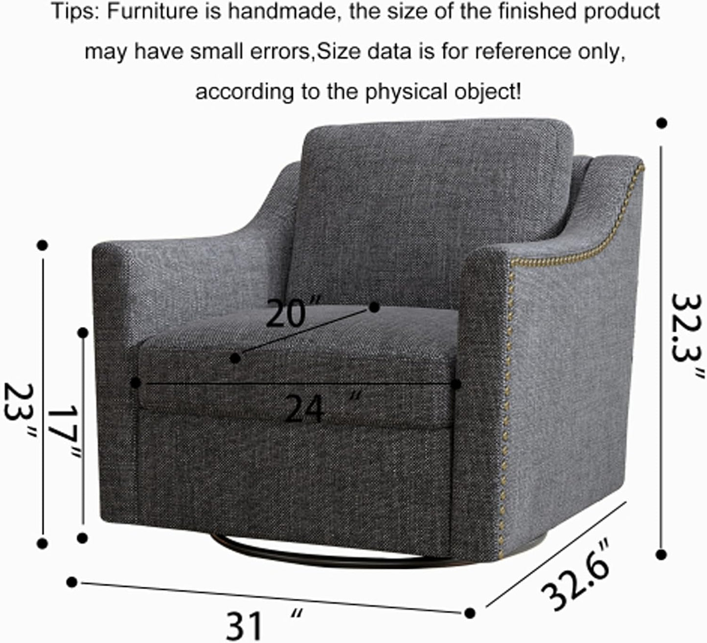 360 Degree Swivel Armchair Brass Nail Decorative Armchair Living Room Chairs Bedroom Chairs Living Room Chairs Suitable for Indoor Homes (Cotton Linen-Foam,BlackGray)