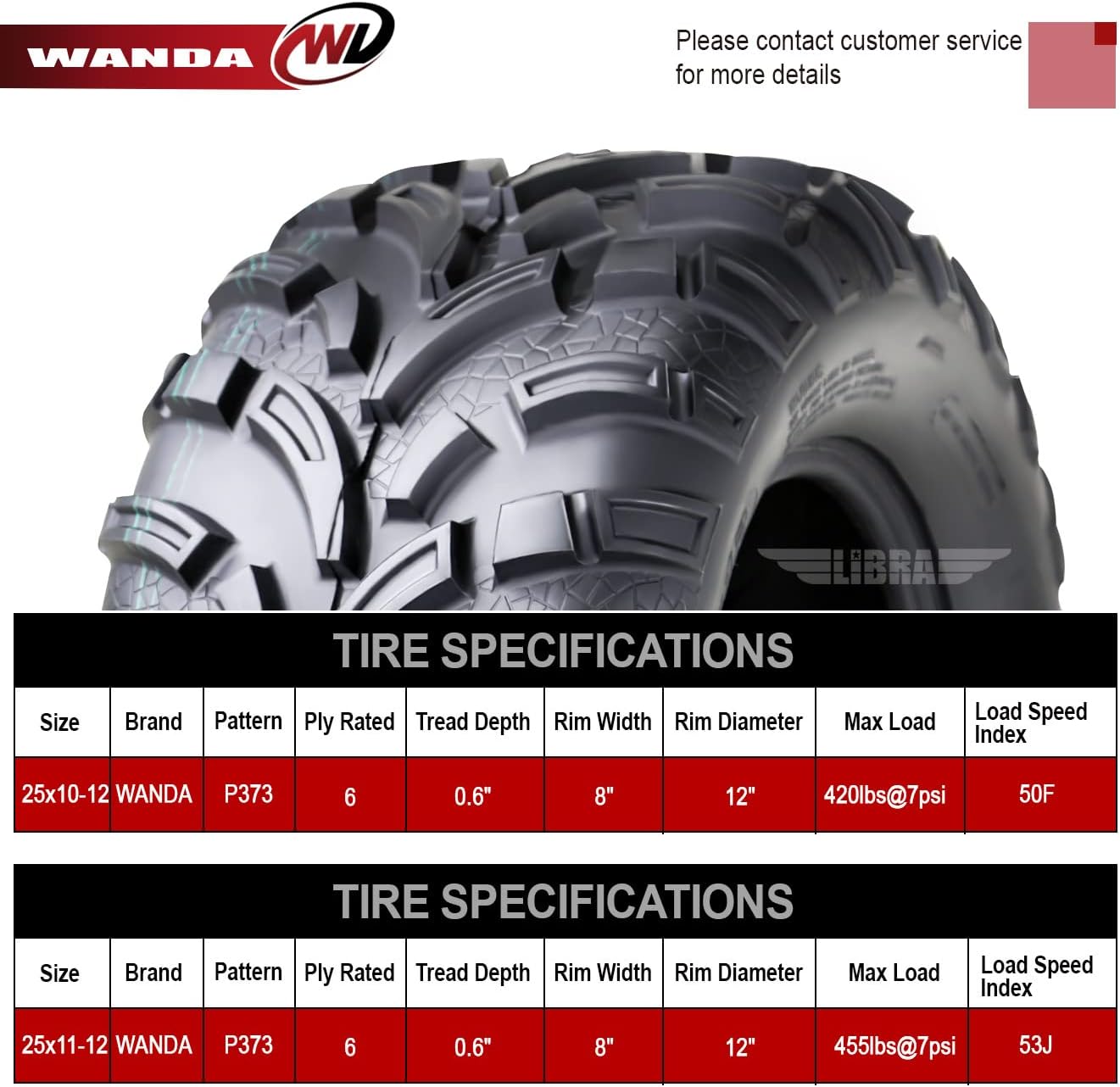 WANDA Set of 4 ATV Tires 25x10-12 & 25x11-12 for 05-09 Polaris Ranger 2X4/4X4/XP