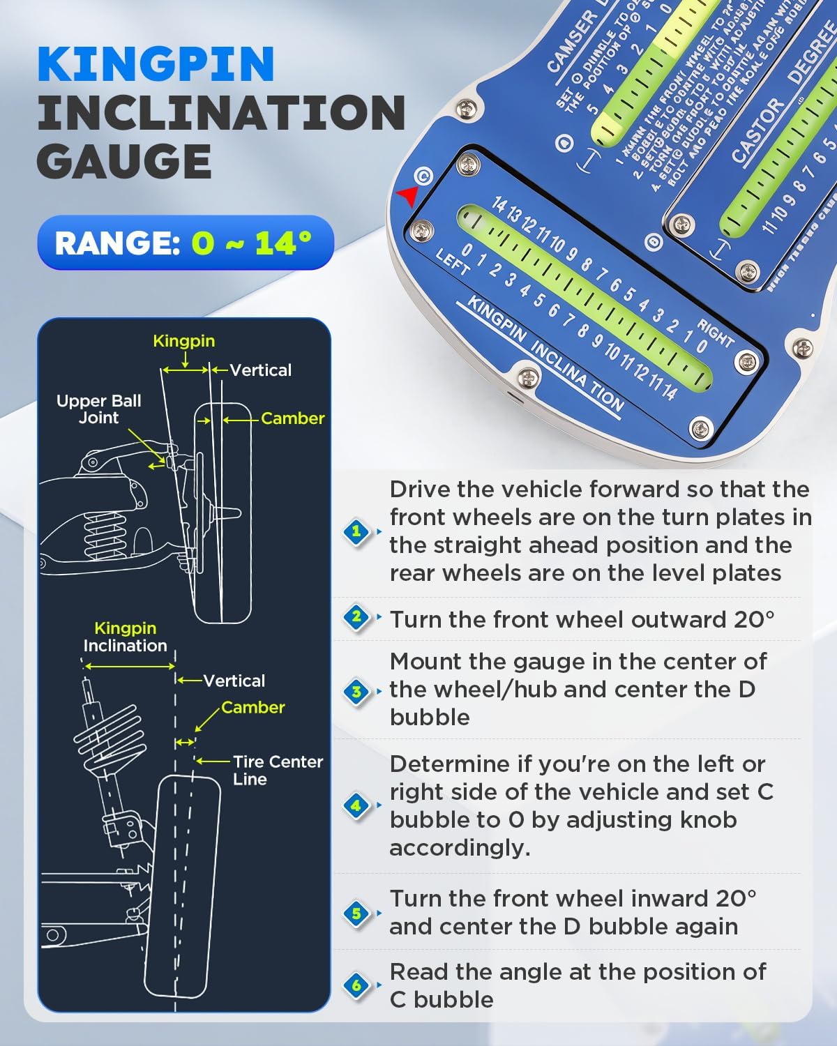 Camber Caster Gauge with Kingpin Inclination, 3-in-1 Pro Wheel Alignment Tools Automotive Magnetic Caster Camber Alignment Tool Precise Strut Wheel Hub Alignment Kit for Car Truck RV Tire Repair