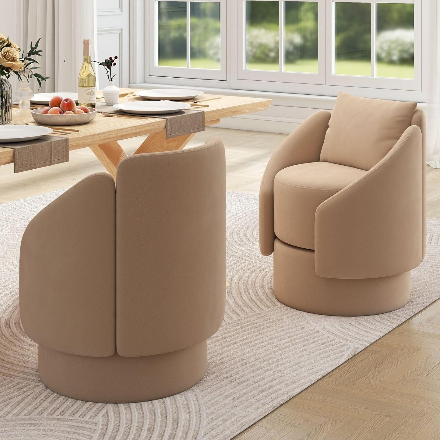 Set of 2 Swivel Accent Chair, 360 Degree Round Barrel Armchair, Upholstered Side Chair with Pillow, Small Barrel Chair Living Room Bedroom Waitingroom, Brown