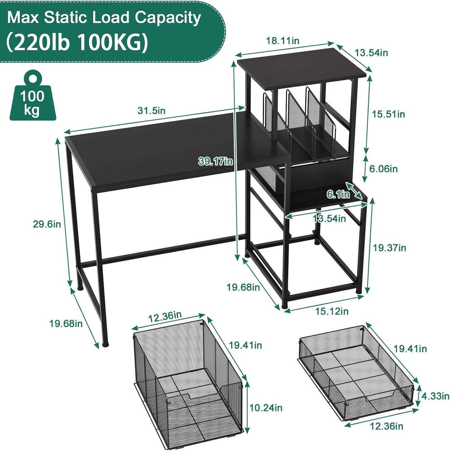 X-cosrack 47" Computer Desk with 2 Mesh File Drawers, Home Office Desks with Shelves, Printer Space, Study Writing and Gaming Table with 3 Vertical File Holders for Small Space, Bedroom, Dorms, Black