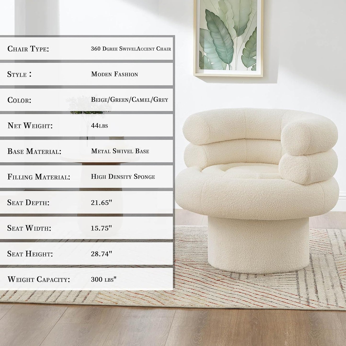 360° Swivel Accent Chair - Cozy Sherpa Fabric, Ergonomic Barrel Design, Stylish and Comfortable for Living Room, Bedroom, or Office (Beige-Sherpa)