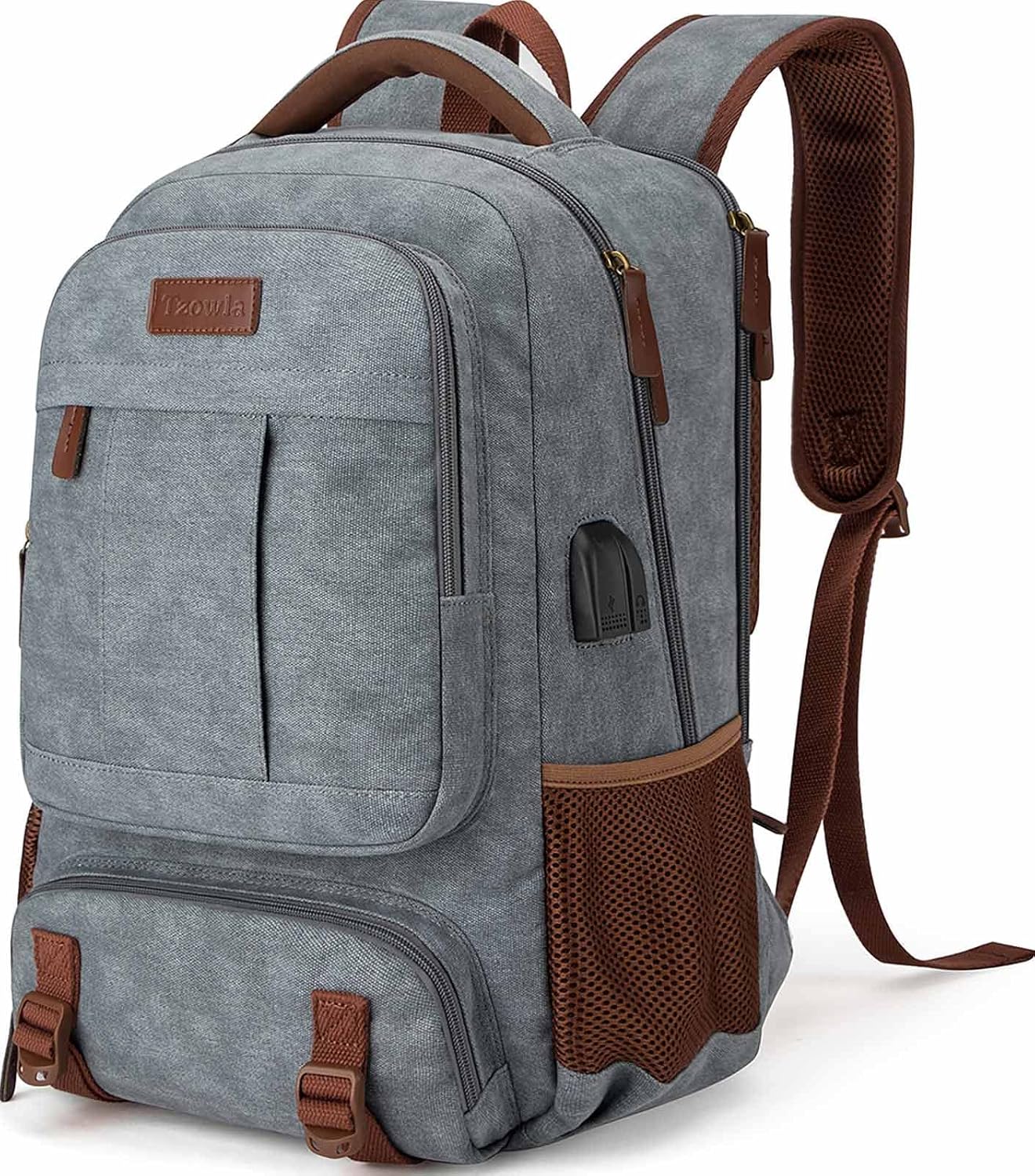 Tzowla Canvas Laptop Backpack, Bag for Men Women,Travel Work Rucksack Fits 17.3 Inch Laptop, Bookbag with USB Charging Port
