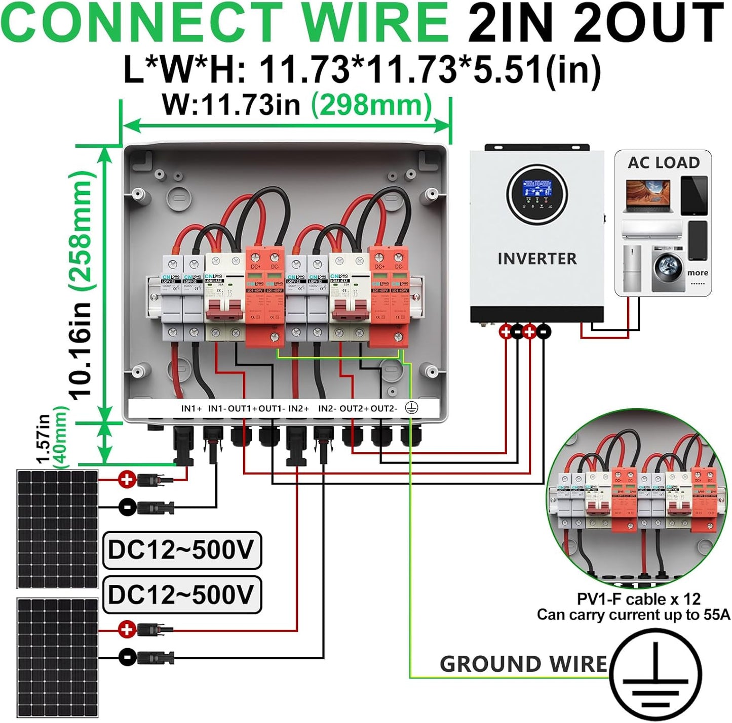 2 String Solar PV Combiner Box 2 in 2 Out IP65 DC500V 32A Circuit Breaker with Surge Protector and 15A PV Fuse,Solar Disconnect Switch Outdoor Waterproof for Solar Panels System