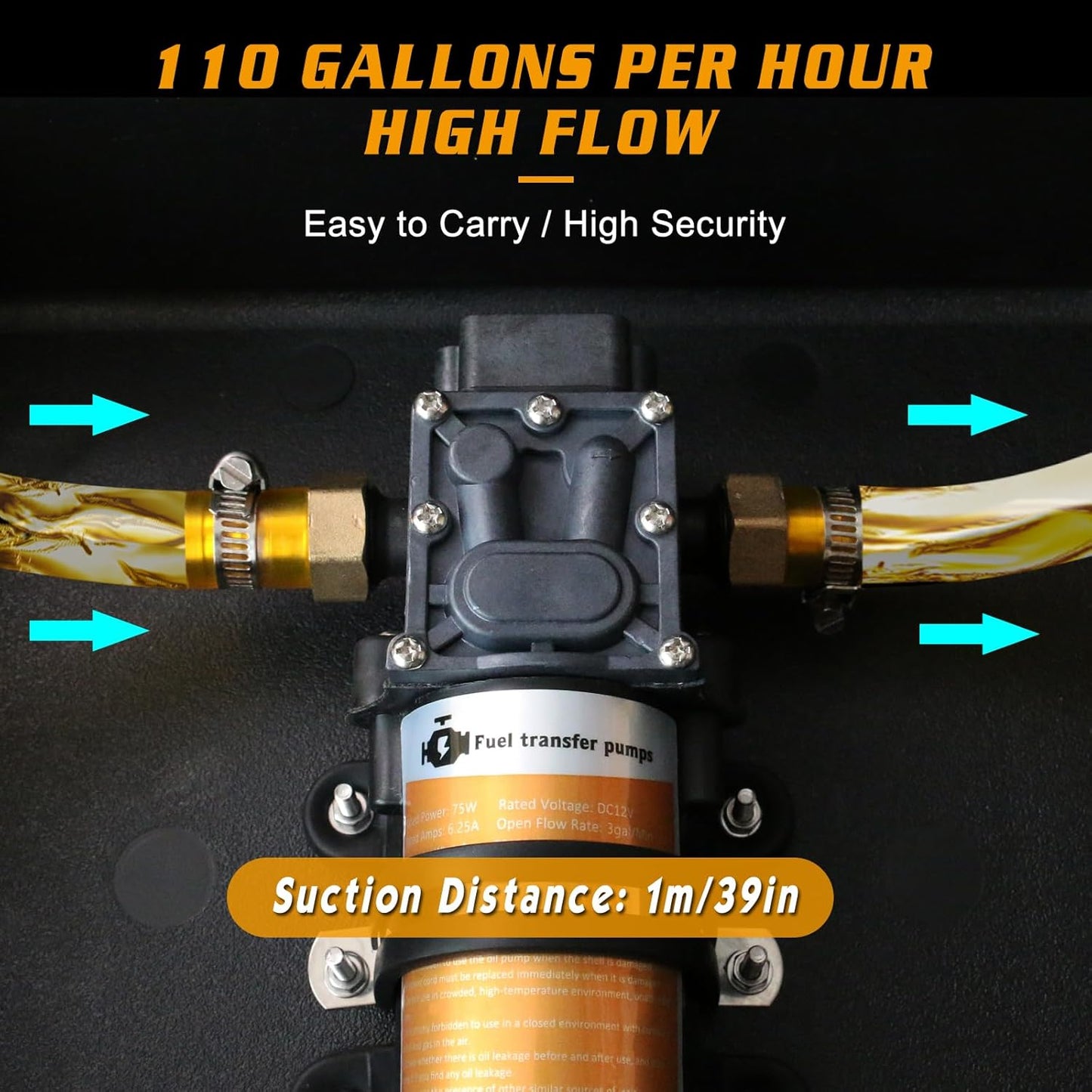 12V Fuel Transfer Pump Set,75W Gasoline Transfer Pump Moves 110 Gallons Of Gas Per Hour, with High Elastic Fuel Pipe & 2 Power Cables, Great for Vehicles, Boats, Equipment (110GPH-SET)