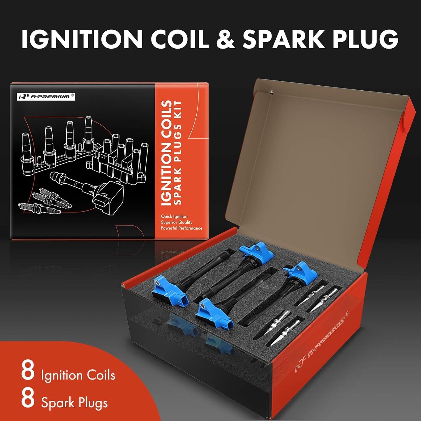 A-Premium (Blue) Set of 16 Ignition Coil Pack and Iridium Spark Plugs Compatible with Nissan Armada 2017-2020/2022 & Infiniti QX80 2011-2013, QX56 2014-2023, 5.6L
