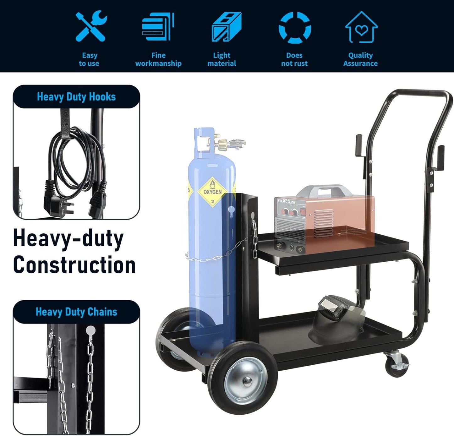 Welding Cart, MIG TIG ARC Welder Cart w/Upgraded Handle, Galvanized Casters,175lbs Capacity Portable Welding Tank cart, Plasma Cutting Machine, Larger Running Gear with Cylinder Rack