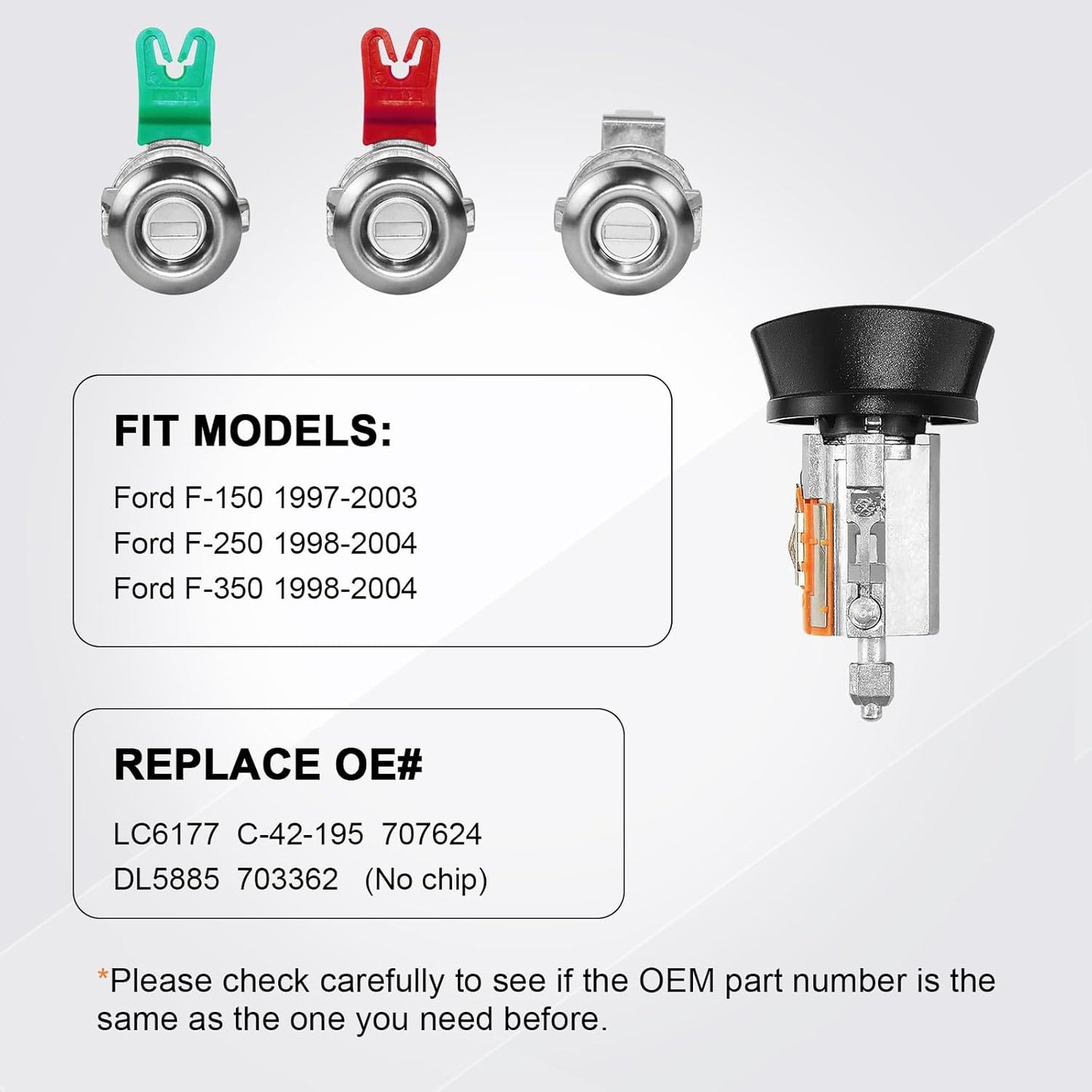 C-42-195 Ignition Switch Lock Cylinder & Door & Pickup Tailgate with Lock Pawl Lever Set w/2 Keys for Ford F-Series F150 1997-2003, F250 & F350 1998-2004, Replace# LC6177+DL5885+597638 (No Chip)