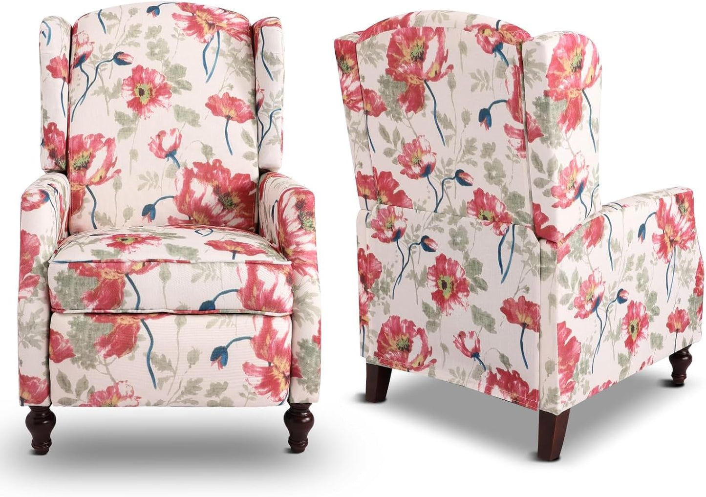 Set of 2 Wingback Recliner Chairs, Mid-Century Modern Push-Back Manual Recliners for Adults, Upholstered Floral Accent Chairs with Solid Wood Legs for Living Room & Bedroom, Blue