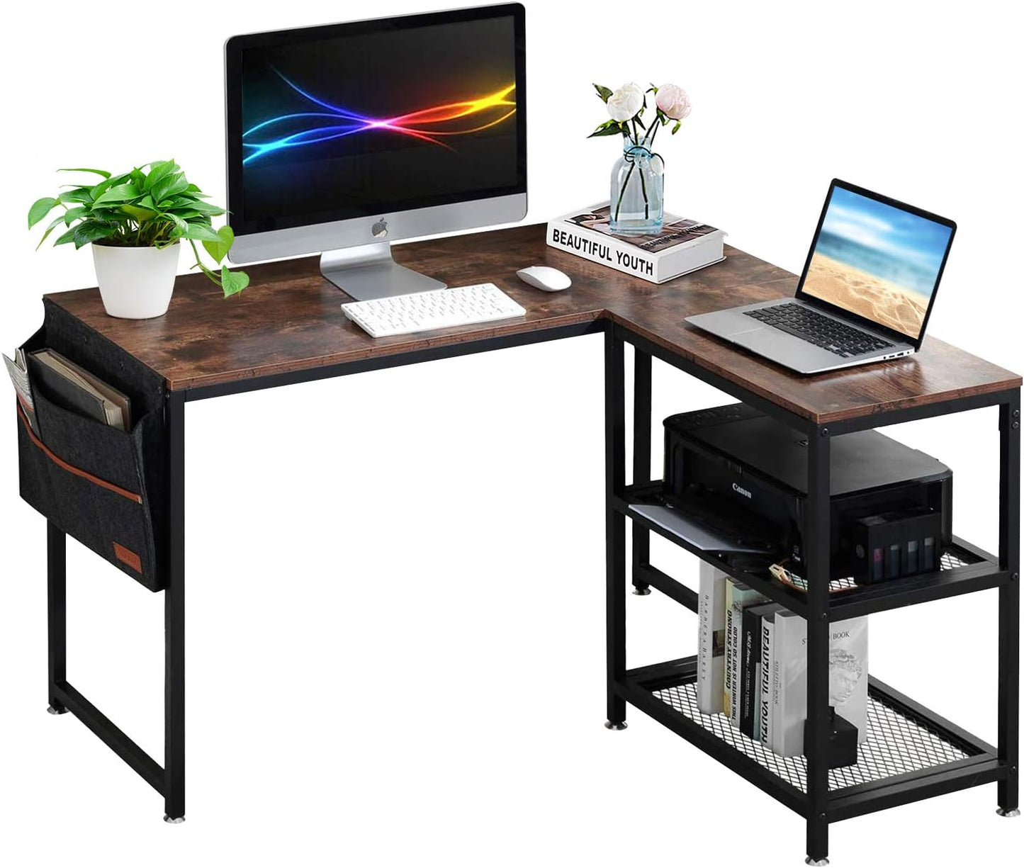 VECELO L Shaped Computer Desk with Storage Bag & Reversible Shelves, 47" PC Wooden Table for Home Office Bedroom, Writing Study Workstation with Metal Frame, Brown