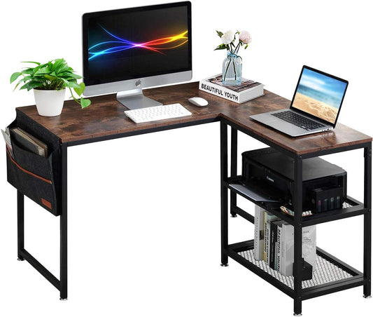 VECELO L Shaped Computer Desk with Storage Bag & Reversible Shelves, 47" PC Wooden Table for Home Office Bedroom, Writing Study Workstation with Metal Frame, Brown