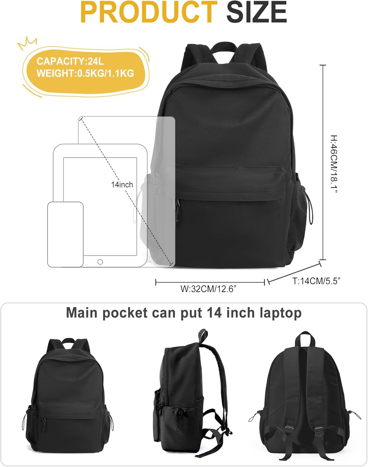 VECAVE School Backpack Black Waterproof Bookbag Casual Lightweight Travel Rucksack Daypack Backpacks for Men Women College High School Bags backpack for Boys Girls Teens