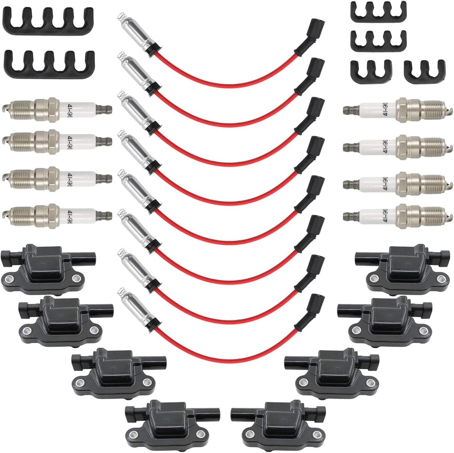 Set of 8 UF414 Round Ignition Coil Set with 41-962 Spark Plugs & 12192192 748UU Spark Plug Wires Set, Compatible with Chevrolet Chevy GMC 1500 2500 3500 4.8L 5.3L 6.0L, Replace C1512 D514A E894 IC534