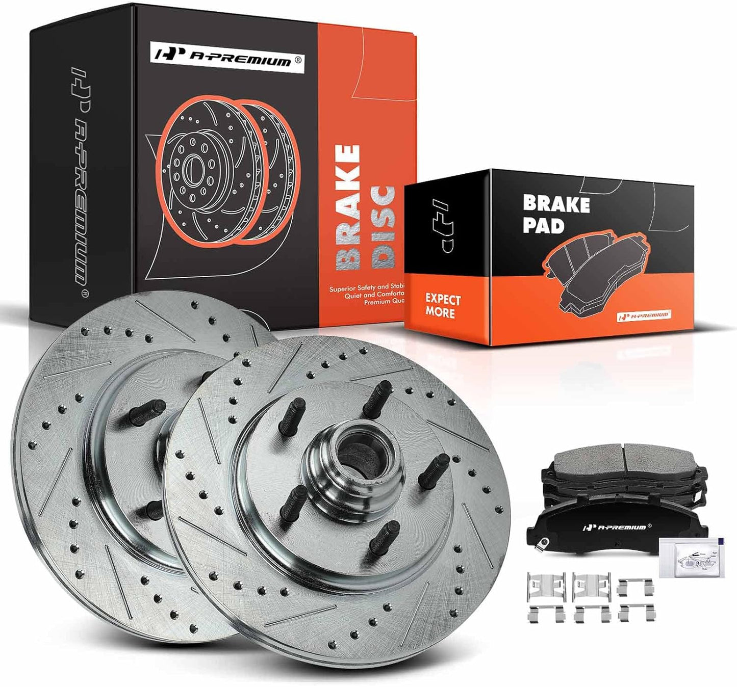A-Premium 12.13 inch (308mm) Front Drilled and Slotted Disc Brake Rotors + Ceramic Pads Kit Compatible with Select Ford Models - For F-150 1997 1998 1999 2000 2001 2002 2003, 4WD 5-Lug, 6-PC Set