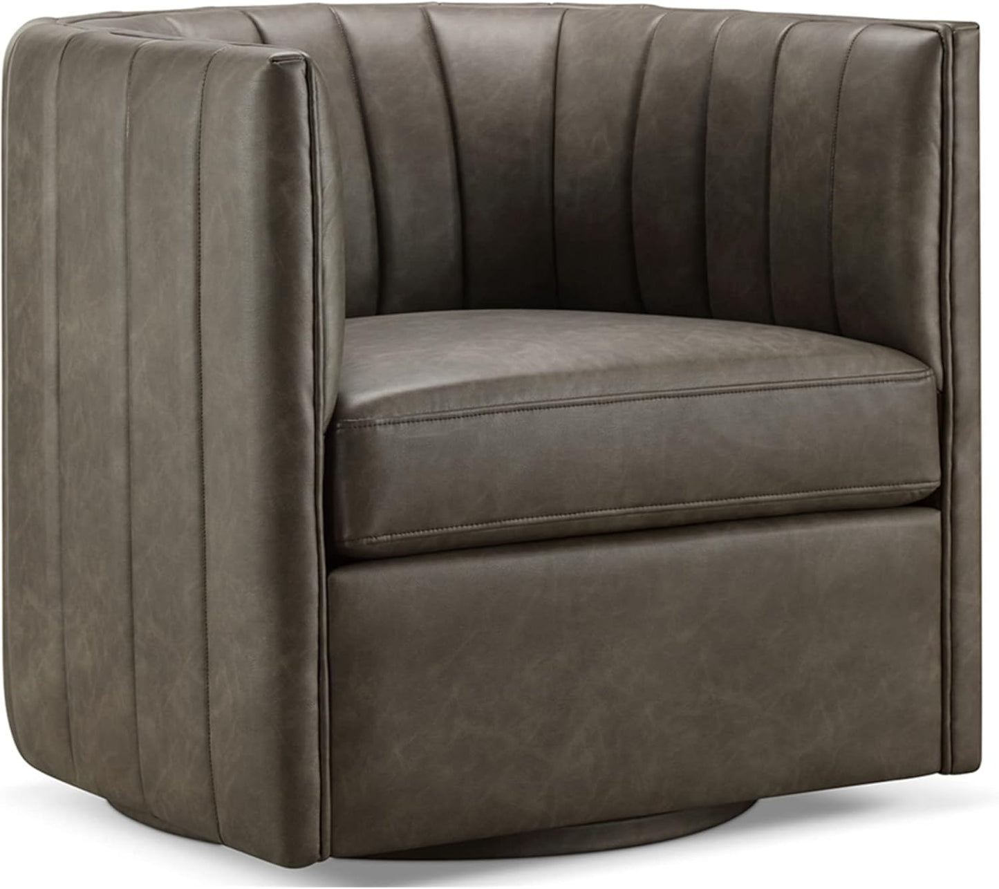 CHERS Rivet Mid-Century Modern Swivel Armchair, Channel-Tufted Faux Leather Accent Chair, 360-Degree Rotating Lounge Chair with Ergonomic Design for Living Room, Bedroom, Home Theater, Pewter