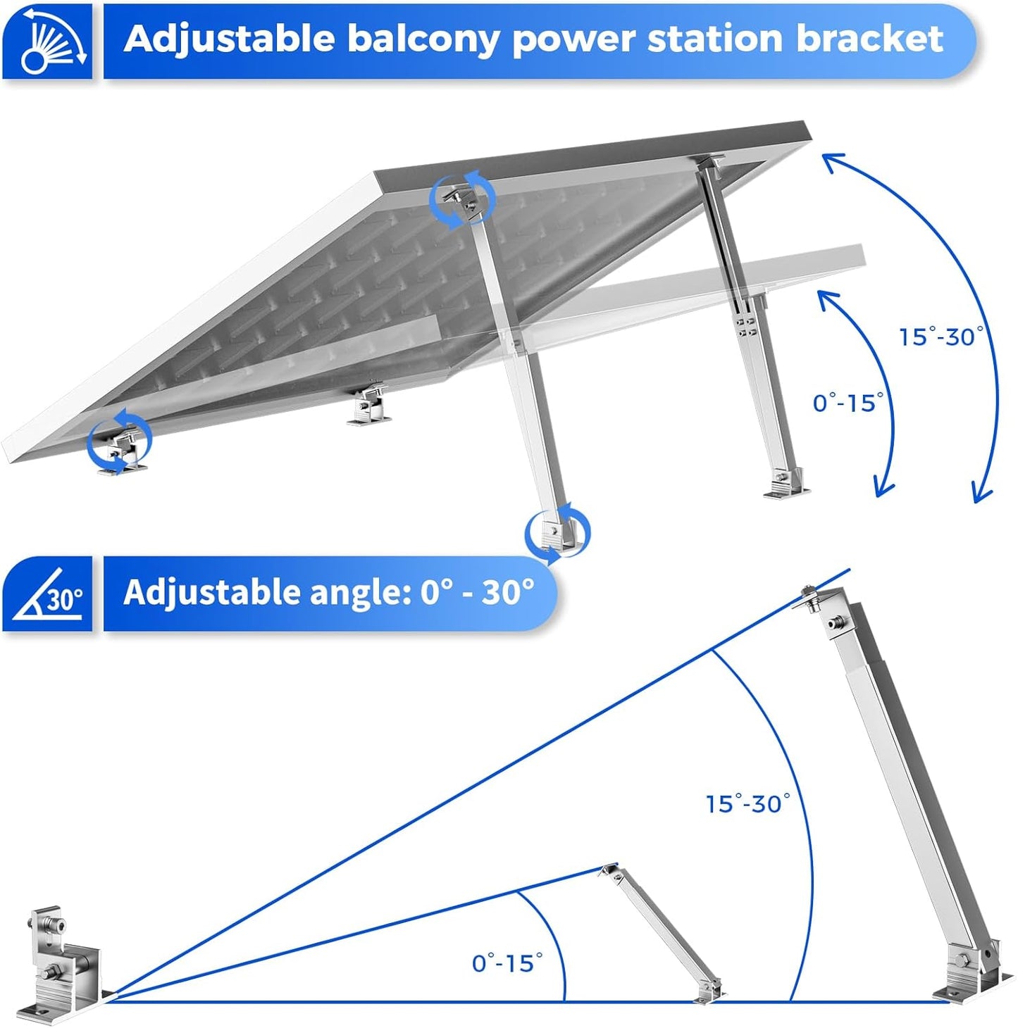 2 Set Adjustable Solar Panel Tilt Mount Brackets Aluminum Alloy Mounting Bracket Stand Systems Support 50W 70W 100W 150W 200W 300W 400W Panels for Roof/Boat/Flat Surface
