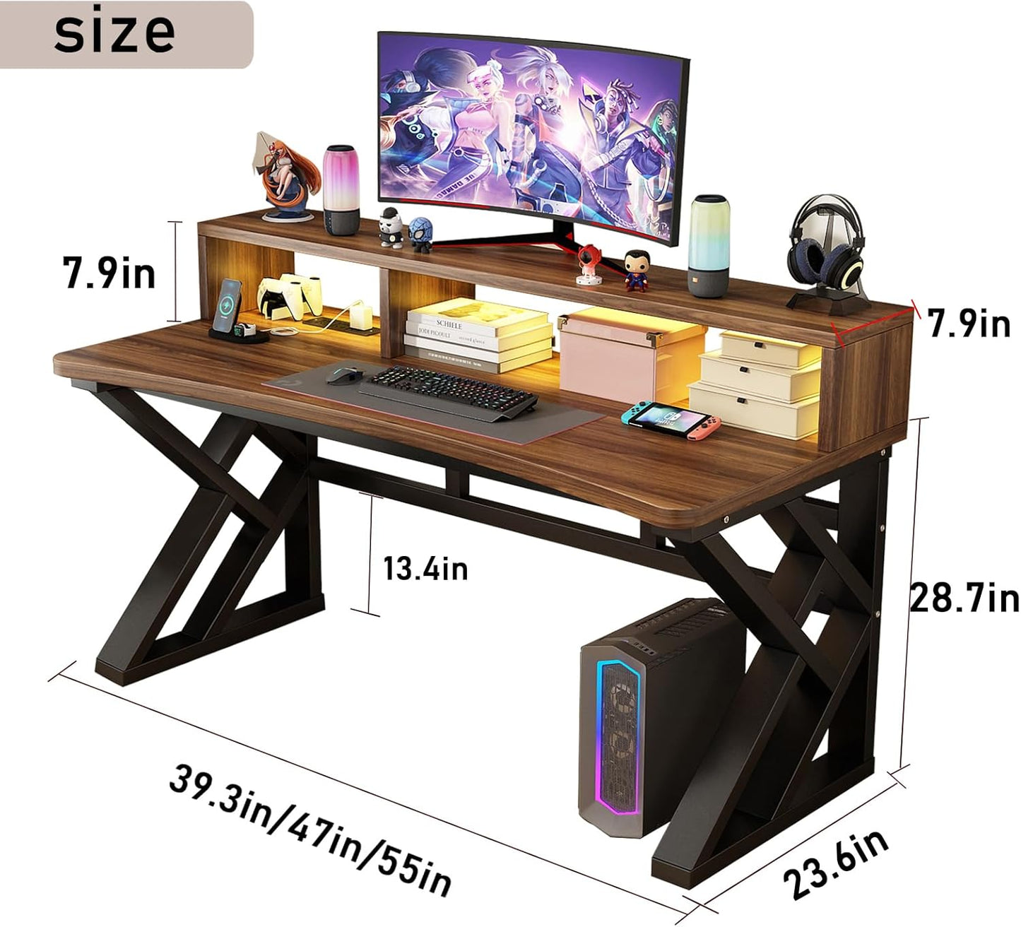 Writing Computer Desk 39.3 Inch, Gaming Desk with Desktop Monitor Stand, Ergonomic Home Office Desk Workstation, Modern Writing Study Desk with Built-in Power Strip (Walnut, 39.3")
