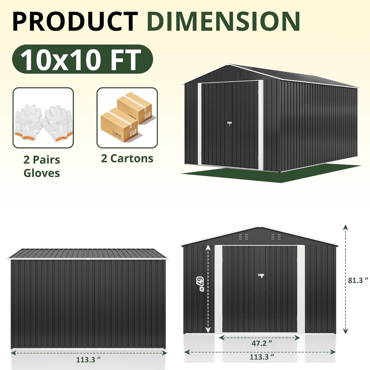 10x10 FT Outdoor Storage Shed, Garden Shed with Updated Frame Structure and Lockable Doors, Metal Tool Sheds for Backyard Garden Patio Lawn, Grey